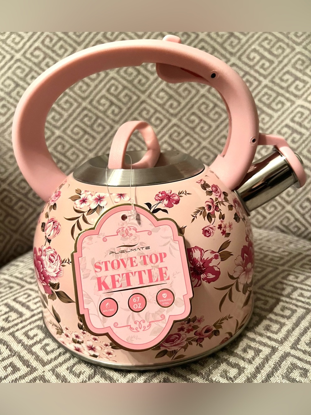 NEW Whistling Tea Kettle, BLUE Floral BPA Free 67oz. Stove Stainless Cool-Touch